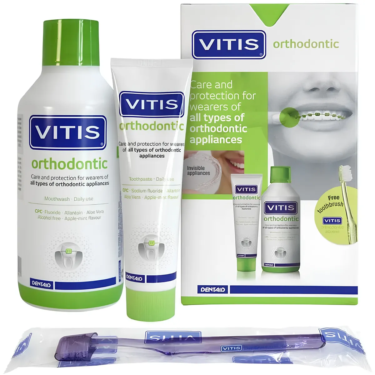 Набір для ротової порожнини зубна паста, ополіскувач та щітка Dentaid Vitis Orthodontic 3 в 1