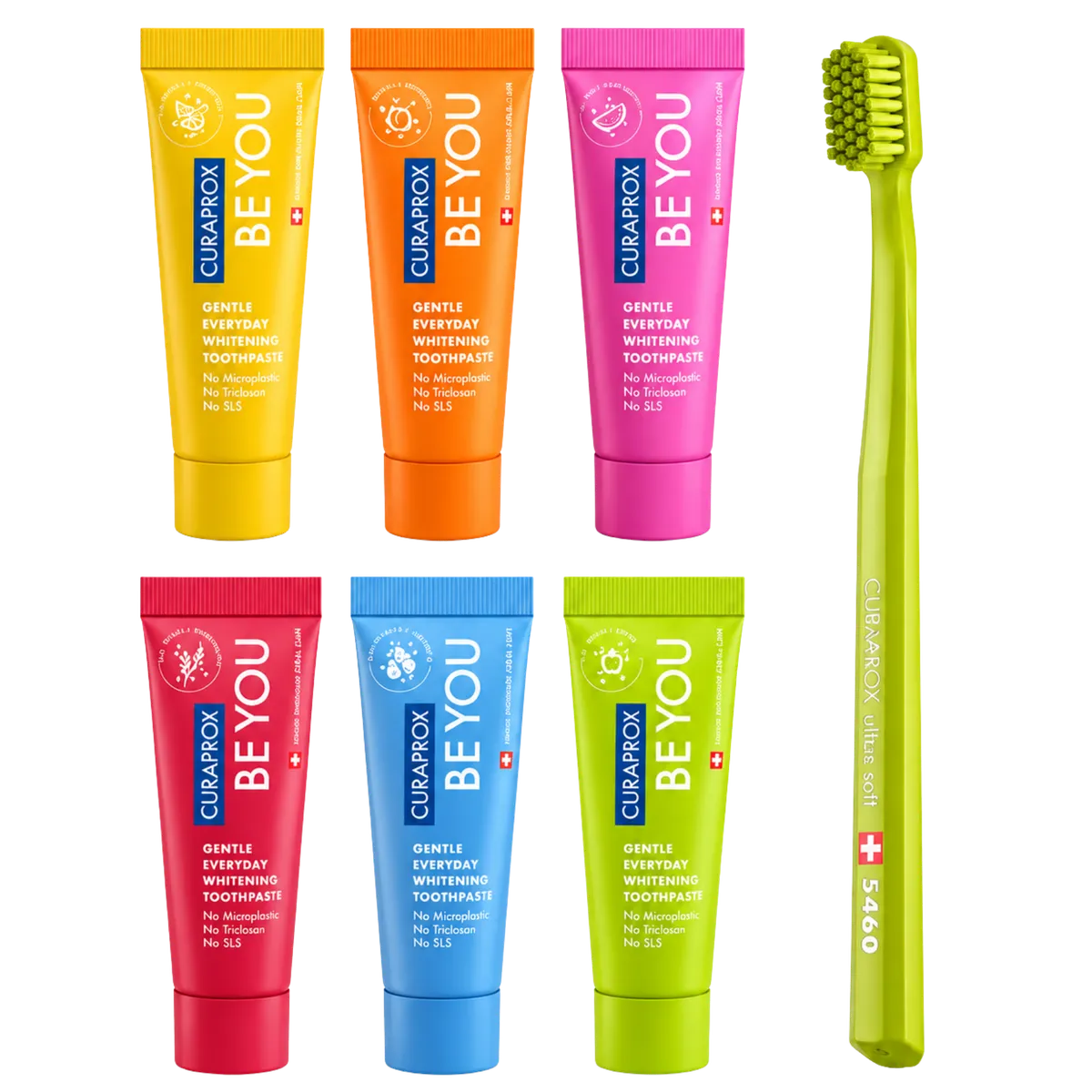 Набір освітлювальних міні-зубних паст та щітка CS 5460 Ultra Soft Curaprox Be You Six Taste Pack 7 в 1